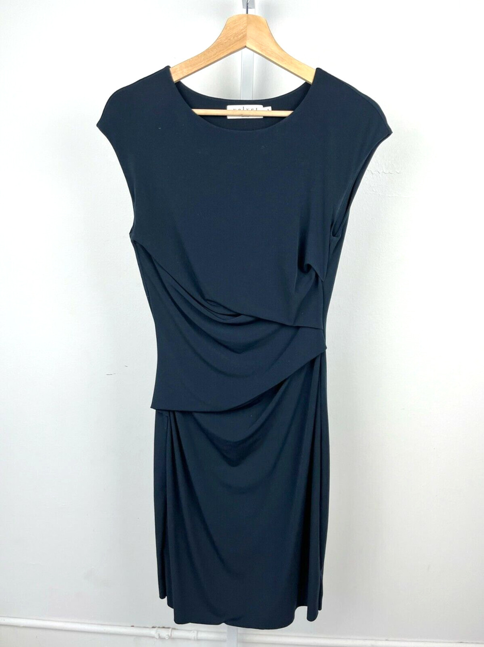 VELVET by Graham & Spencer Cap Sleeve Sheath Dress Ruched Stretch Navy Blue Sz S